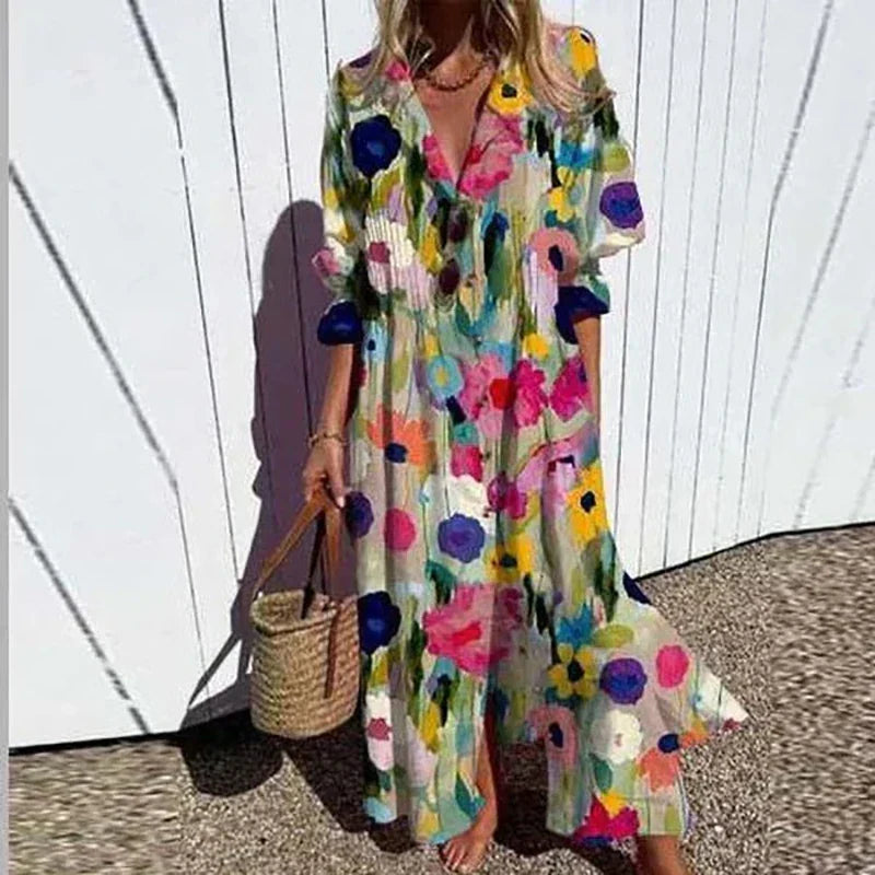 Women's Button-Front Floral Maxi Dress with Long Sleeves – Multi Flowers