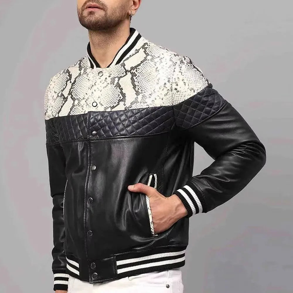 Men's Slim-Fit Leather Bomber with Stand Collar