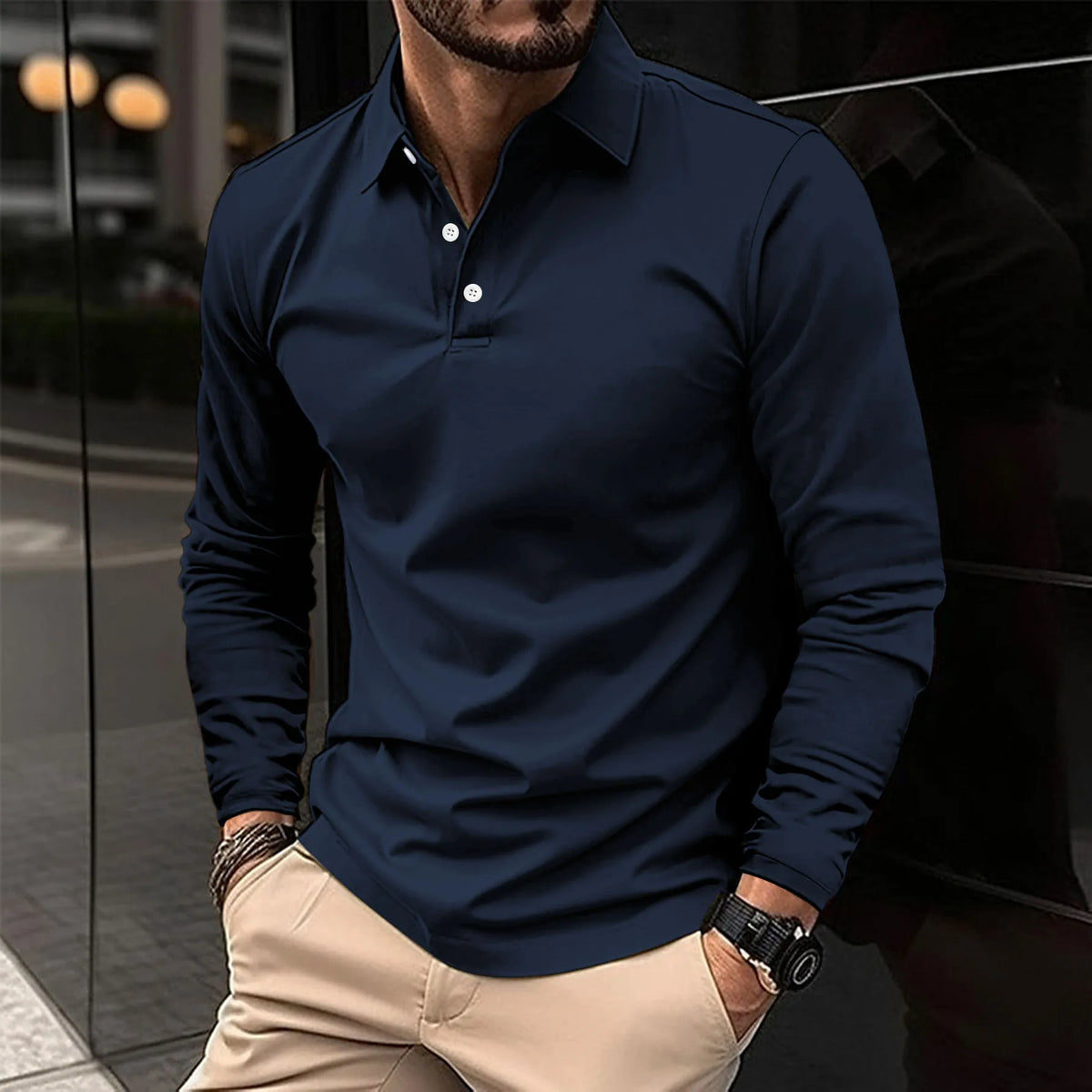 Men's Tailored Long Sleeve Polo with Structured Collar – Navy Blue