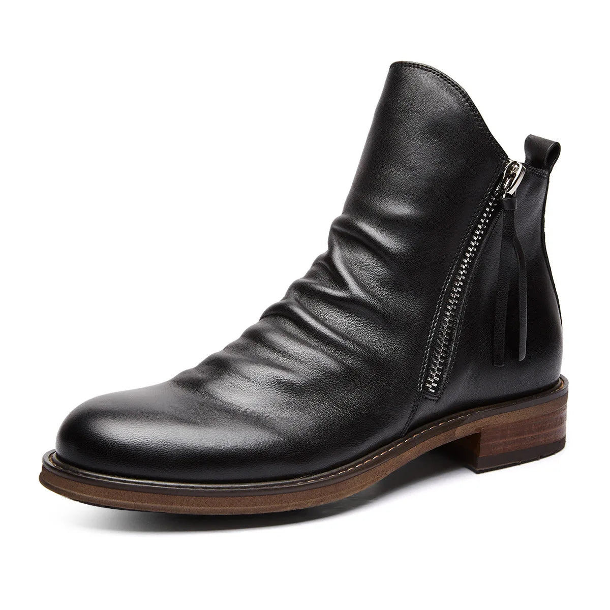 Men's Side Zip Leather Chelsea Boots with Stacked Heel – Black