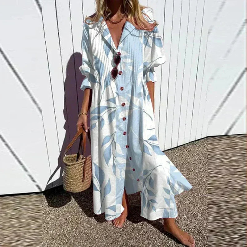 Women's Button-Front Floral Maxi Dress with Long Sleeves – Light Blue