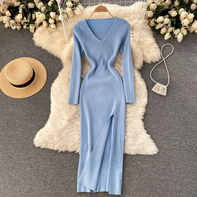 Women's Ribbed Knit Bodycon Maxi Dress with Side Slit – Light Blue