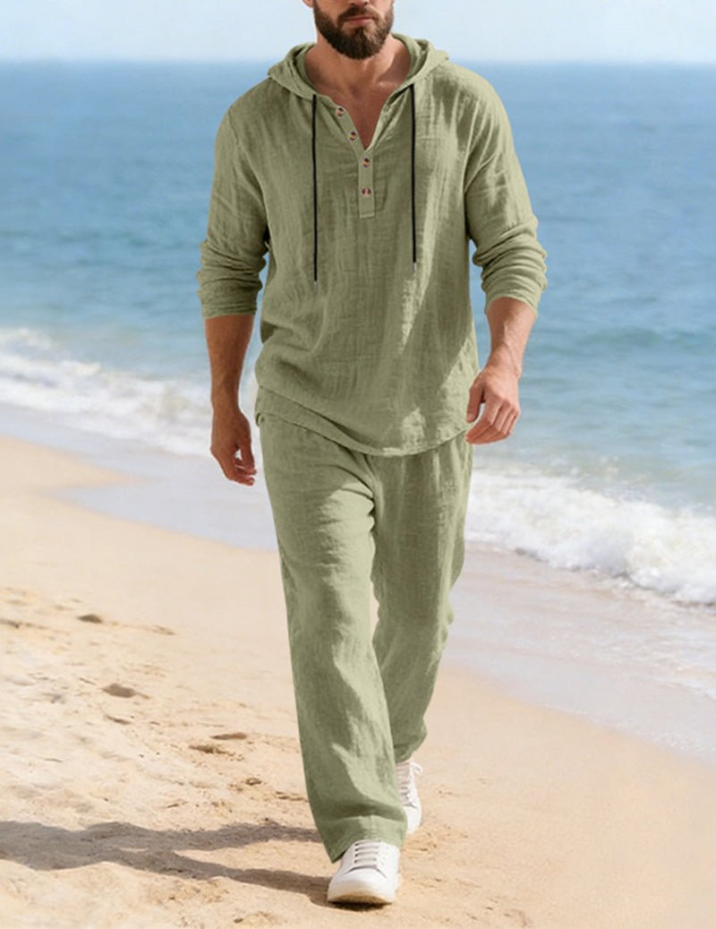 Men's Hooded Henley Lounge Set with Drawstring Trousers