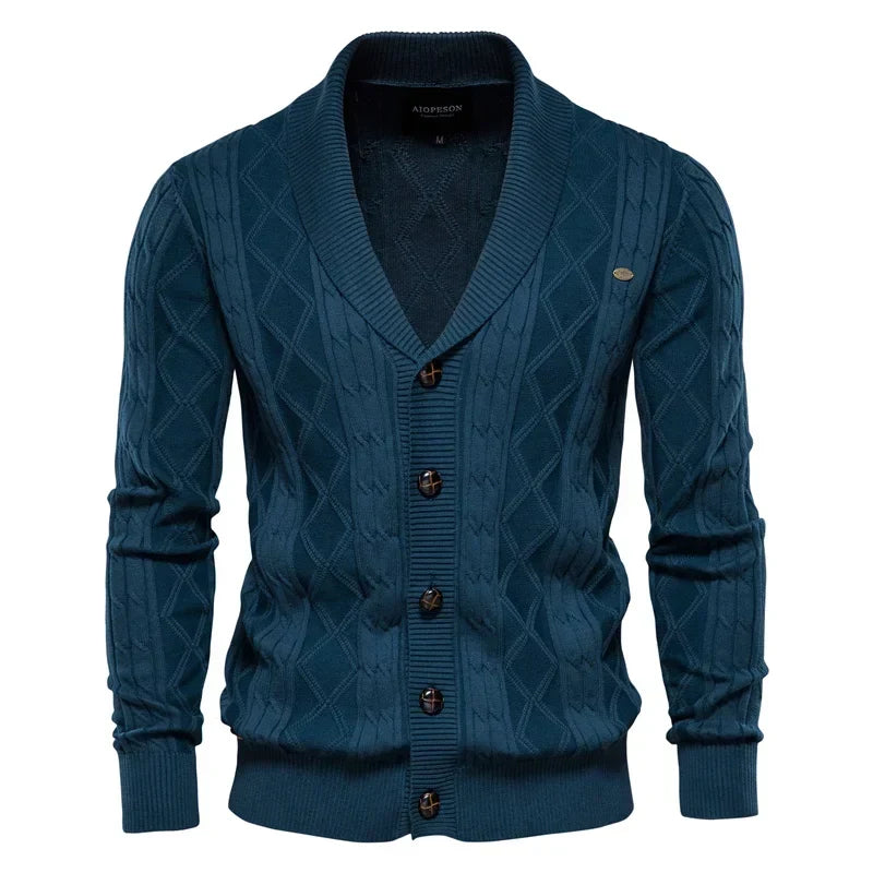 Men's Cable-Knit Cardigan with Broad Shawl Collar – Navy Blue