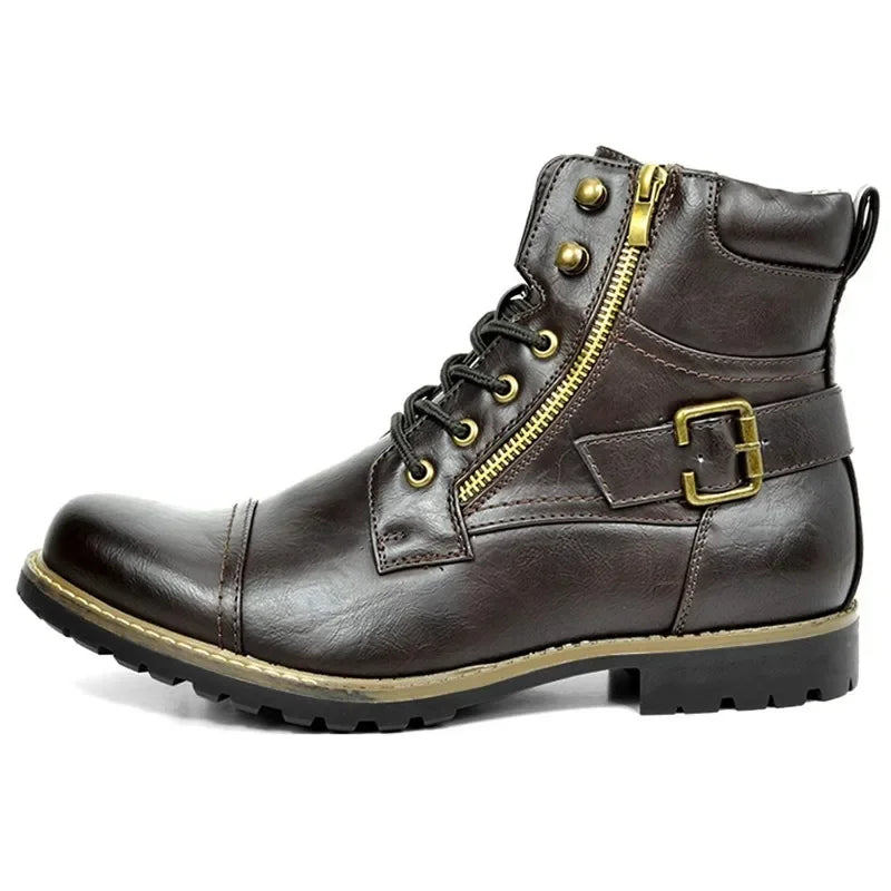 Men's Faux Leather Work Boots with Buckle and Laces