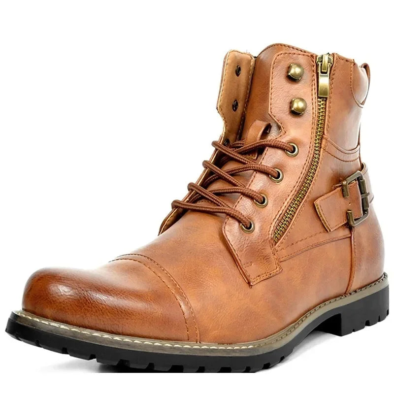Men's Faux Leather Work Boots with Buckle and Laces – Brown