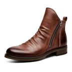 Men's Side Zip Leather Chelsea Boots with Stacked Heel – Brown