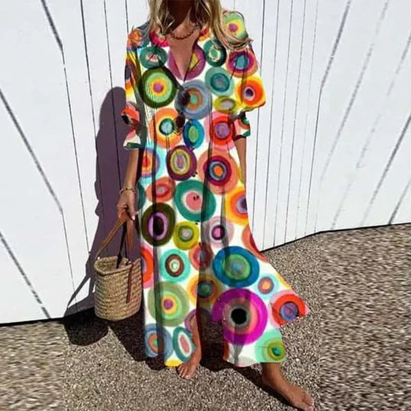 Women's Button-Front Floral Maxi Dress with Long Sleeves – Multi Circles