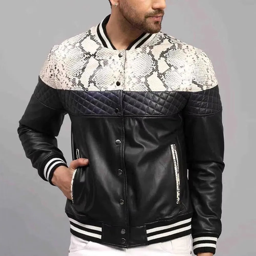Men's Slim-Fit Leather Bomber with Stand Collar