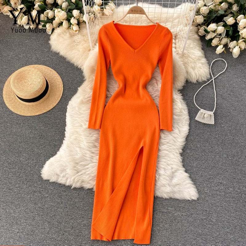 Women's Ribbed Knit Bodycon Maxi Dress with Side Slit – Orange