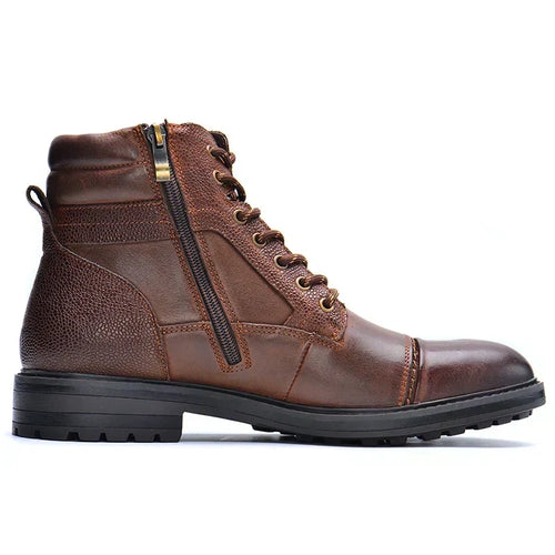 Men's Genuine Leather Lace-Up Boots with Side Zip – Brown