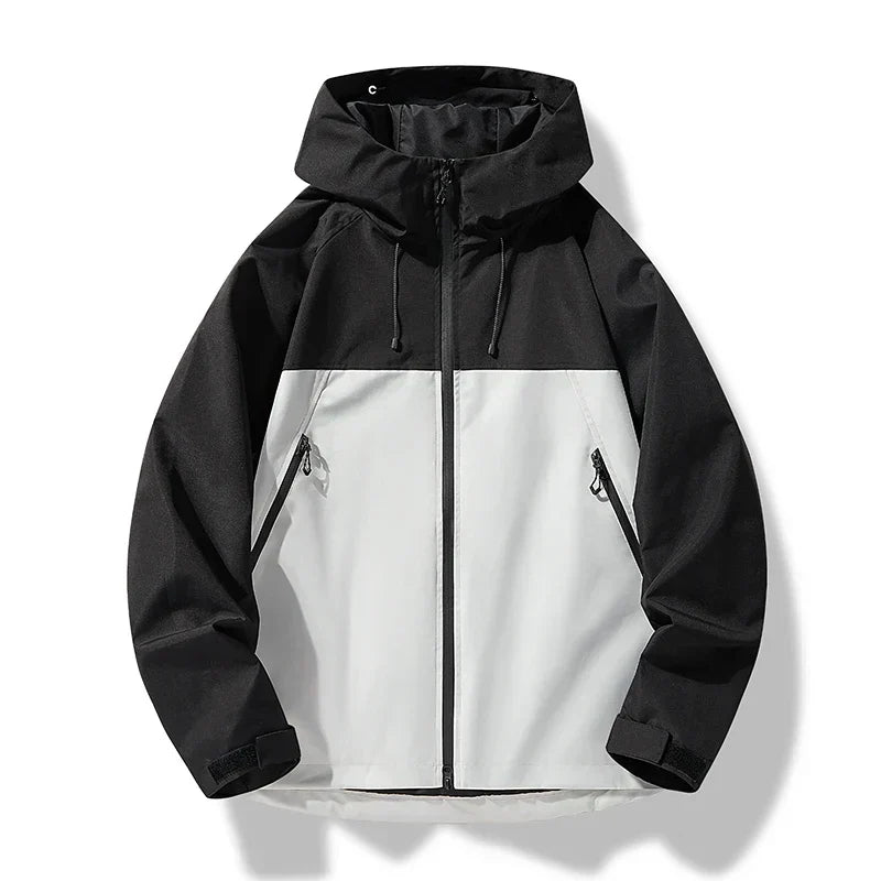 Men's Waterproof Windproof Shell Jacket with Drawcord Hood – Black/White