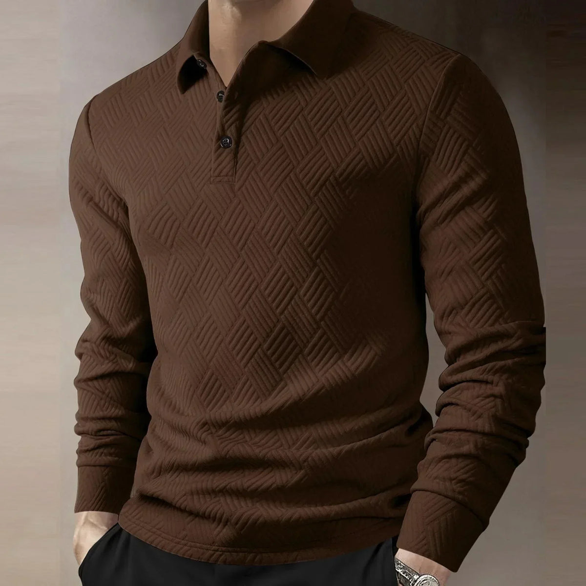 Men's Textured Knit Polo Top with Button Placket – Dark Brown