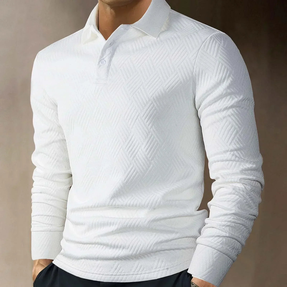 Men's Textured Knit Polo Top with Button Placket – White