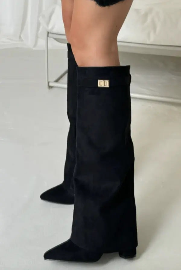 Women's Leather Tall Boots with Slim Refined Heel – Black
