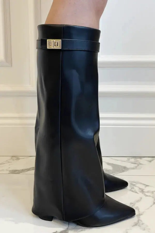 Women's Leather Tall Boots with Slim Refined Heel – Black Leather