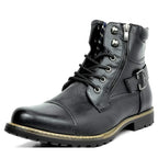 Men's Faux Leather Work Boots with Buckle and Laces – Black