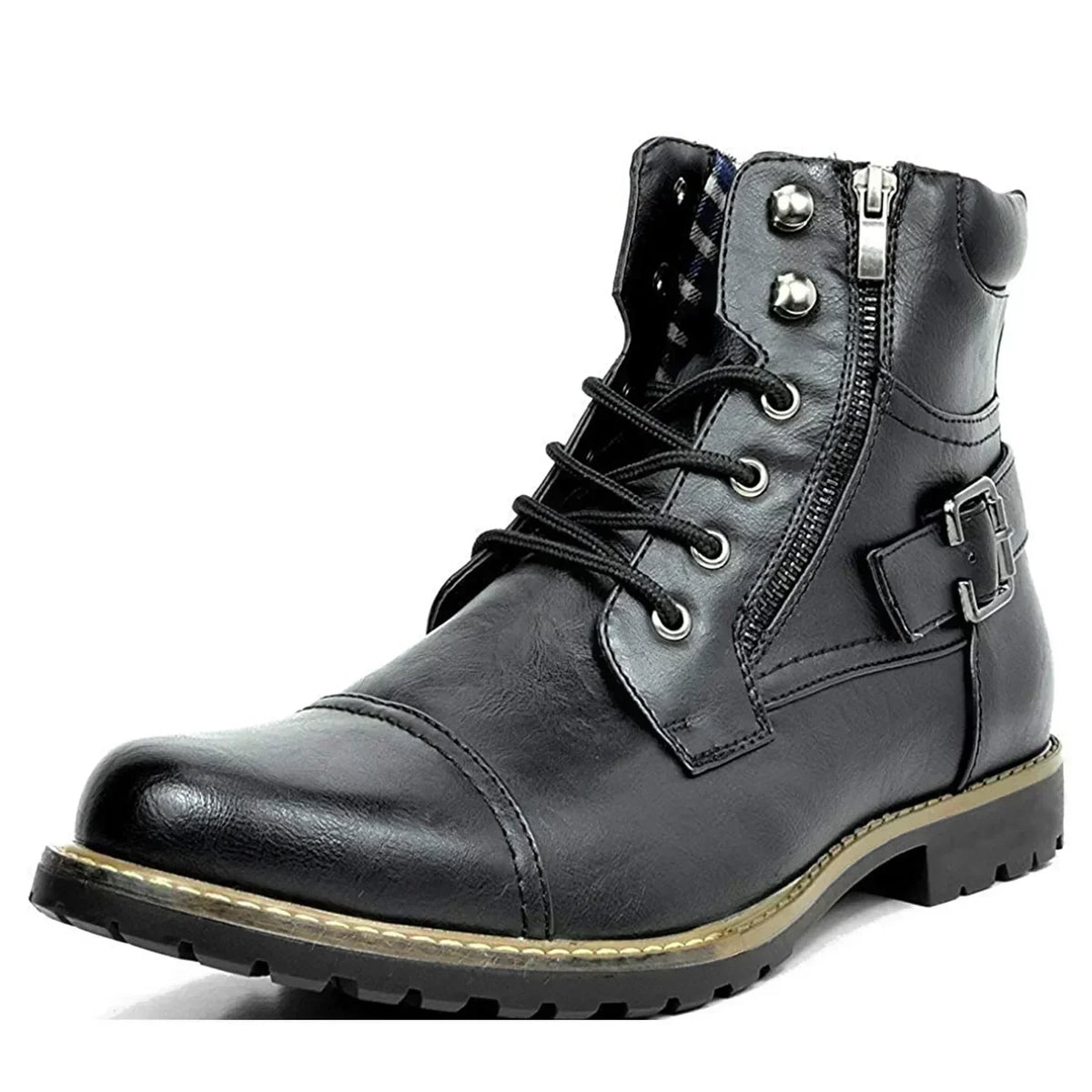 Men's Faux Leather Work Boots with Buckle and Laces – Black