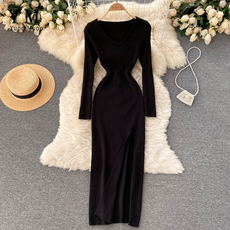 Women's Ribbed Knit Bodycon Maxi Dress with Side Slit – Black