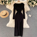 Women's Ribbed Knit Bodycon Maxi Dress with Side Slit – Black