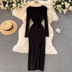 Women's Ribbed Knit Bodycon Maxi Dress with Side Slit – Black