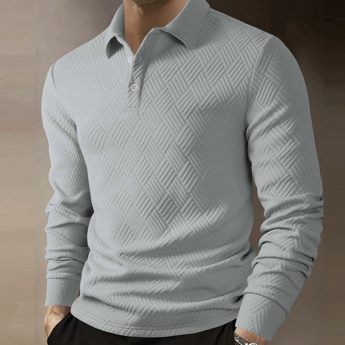Men's Textured Knit Polo Top with Button Placket – Light Grey