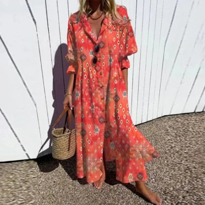 Women's Button-Front Floral Maxi Dress with Long Sleeves – Red