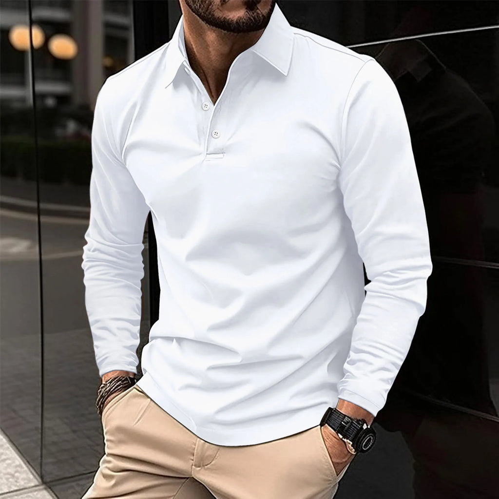 Men's Tailored Long Sleeve Polo with Structured Collar – White