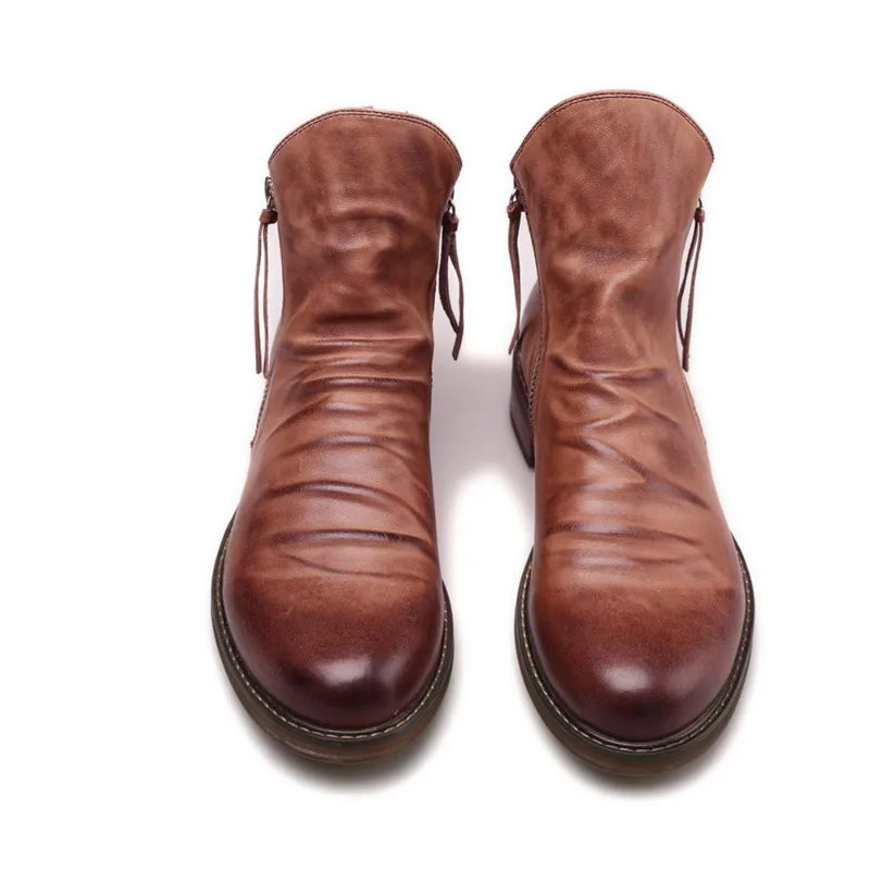 Men's Side Zip Leather Chelsea Boots with Stacked Heel