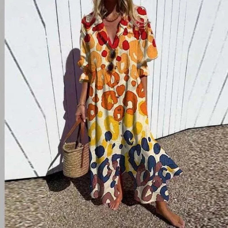 Women's Button-Front Floral Maxi Dress with Long Sleeves – Yellow