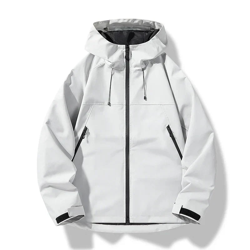 Men's Waterproof Windproof Shell Jacket with Drawcord Hood – White
