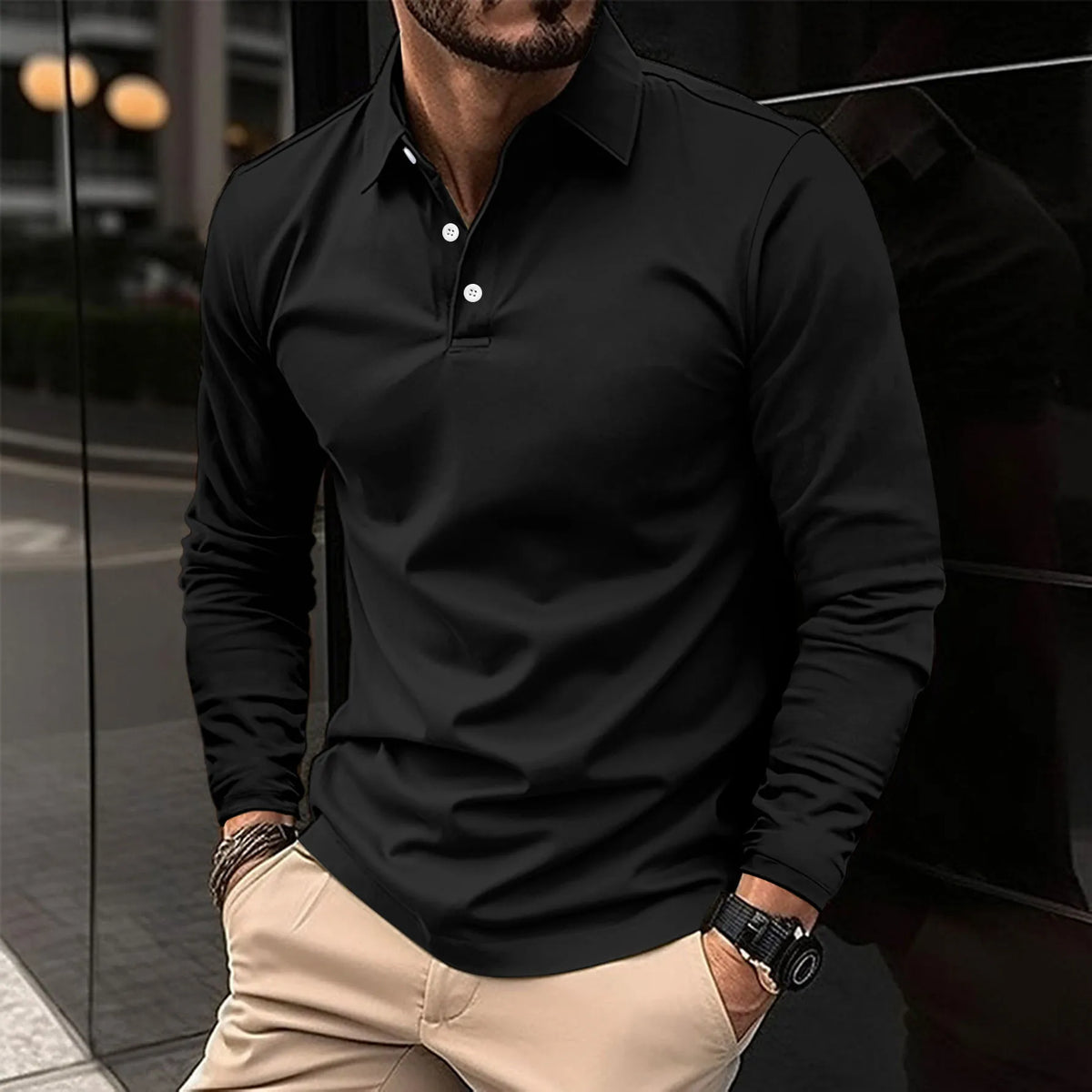 Men's Tailored Long Sleeve Polo with Structured Collar – Black