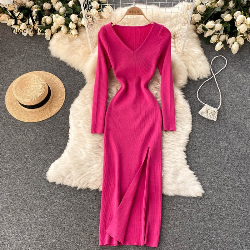 Women's Ribbed Knit Bodycon Maxi Dress with Side Slit – Hot Pink
