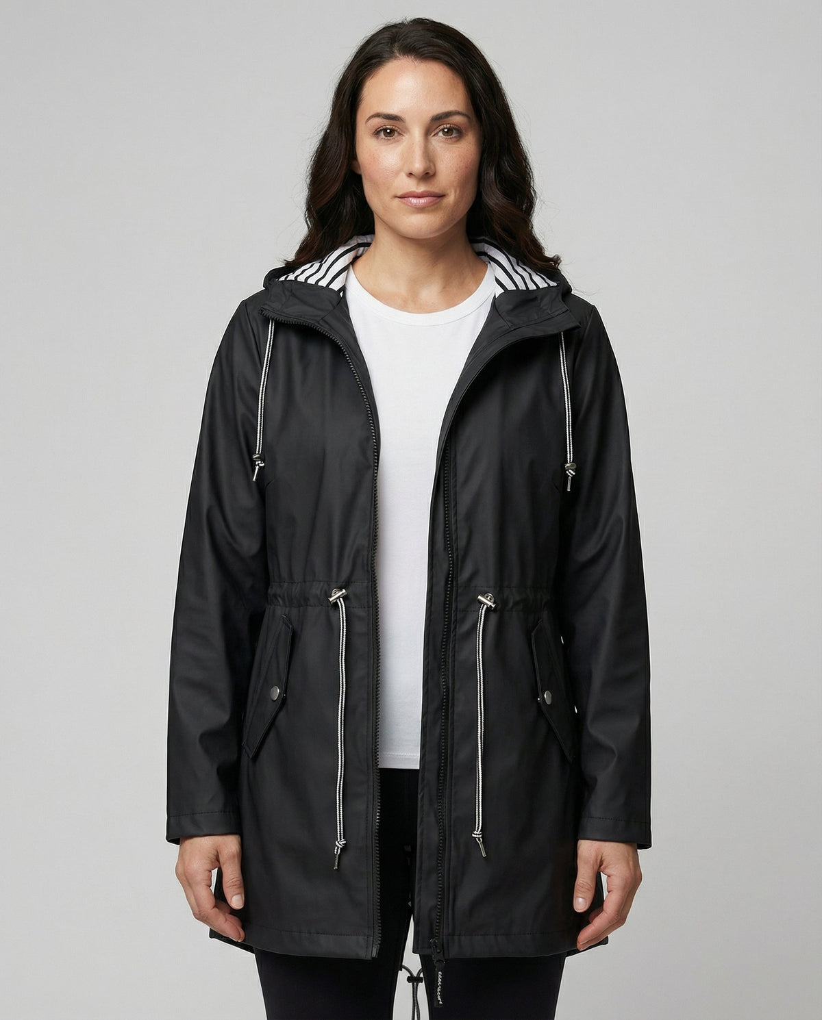 Women's Lightweight Hooded Rain Parka with Drawcord Waist – Black