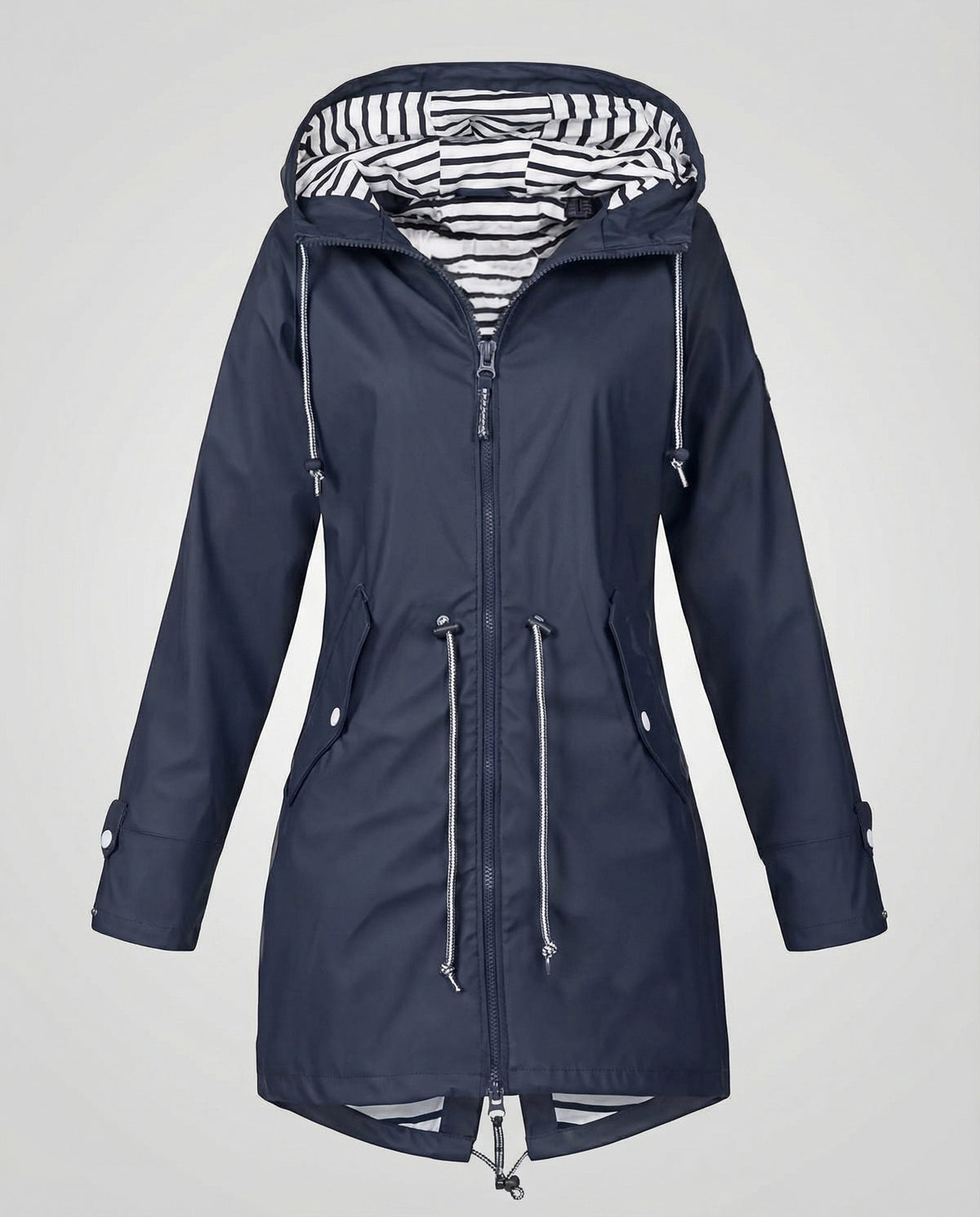 Women's Lightweight Hooded Rain Parka with Drawcord Waist – Navy Blue