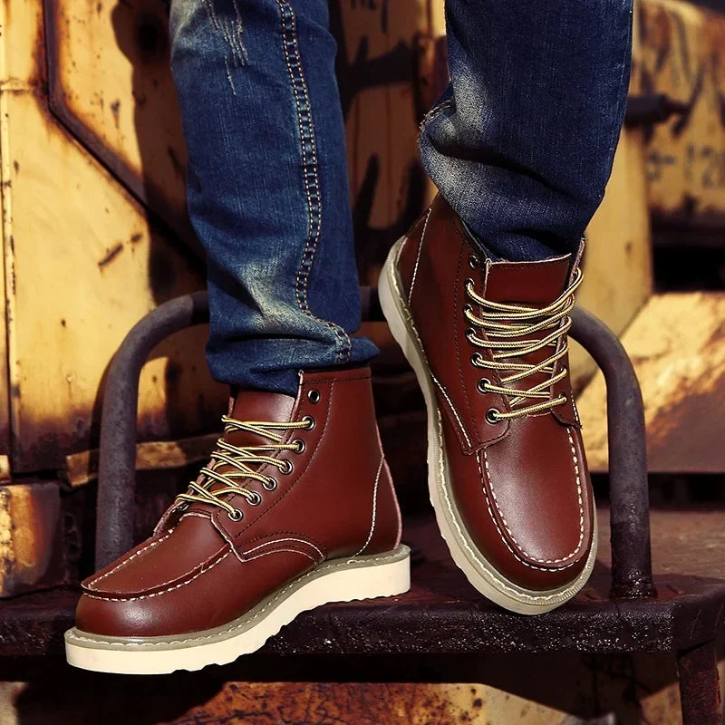 Men's Chunky Contrast Sole Leather Lace-Up Boots – Dark Brown