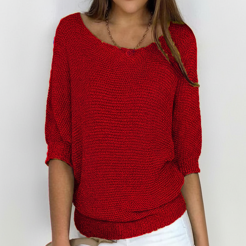 Women's Wide Neck Knit Jumper with Dolman Sleeves – Red