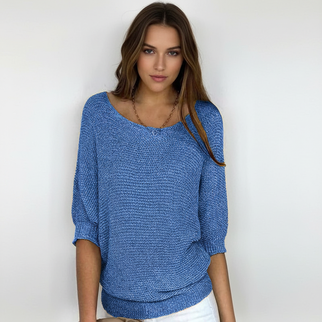 Women's Wide Neck Knit Jumper with Dolman Sleeves – Blue