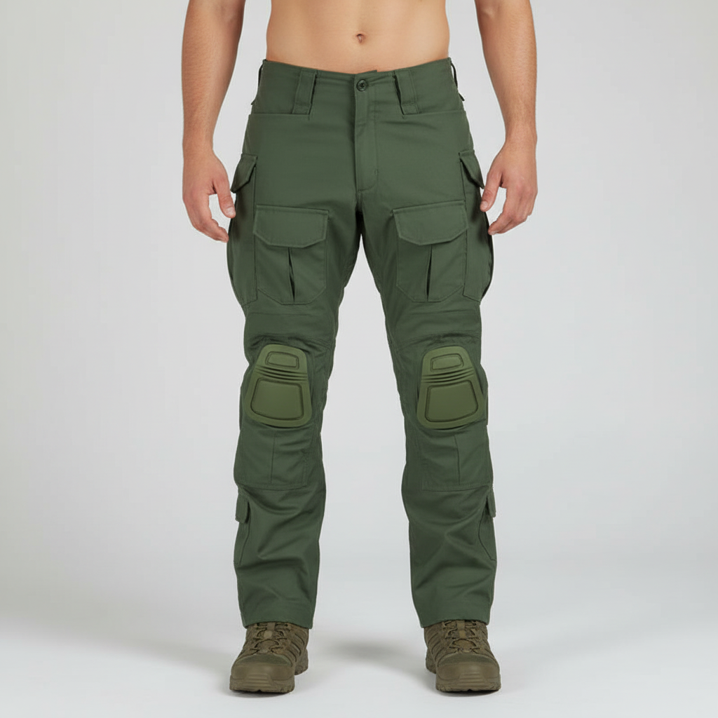 Men's Tactical Cargo Trousers with Knee Pads in Cotton Blend – Green