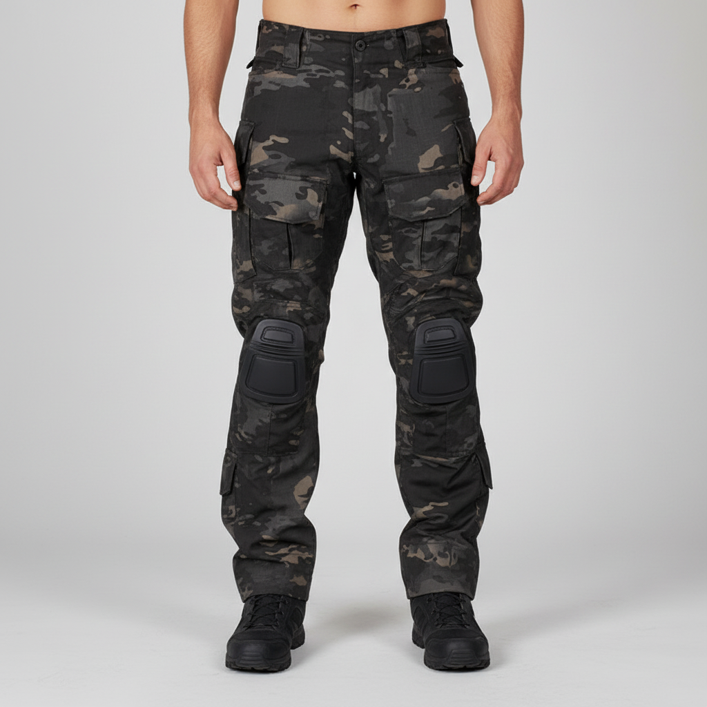 Men's Tactical Cargo Trousers with Knee Pads in Cotton Blend – Black