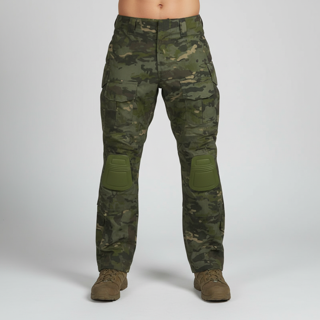 Men's Tactical Cargo Trousers with Knee Pads in Cotton Blend – Olive Green