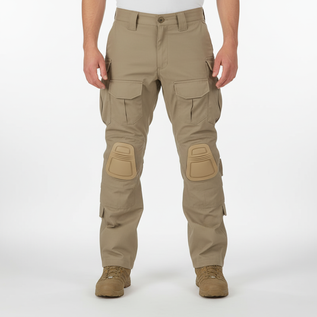 Men's Tactical Cargo Trousers with Knee Pads in Cotton Blend – Light Brown