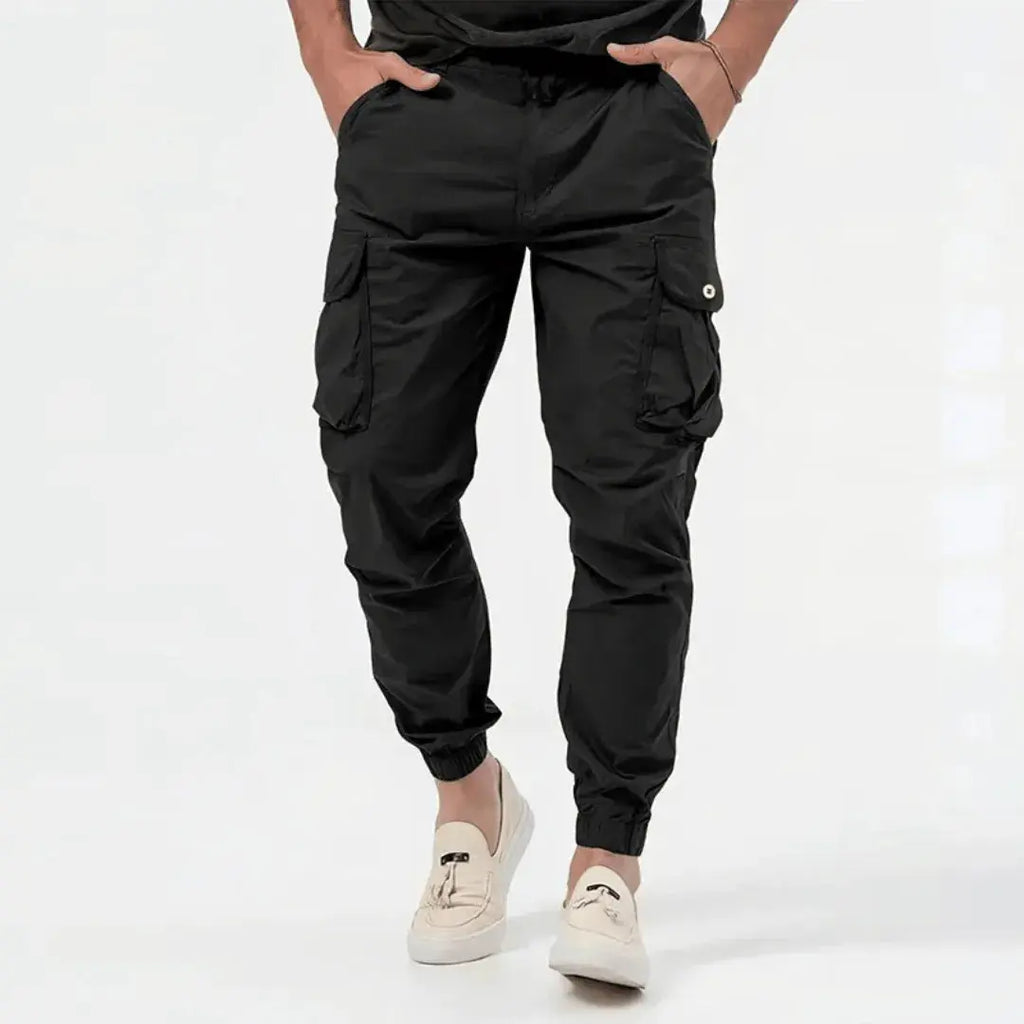 Men's Lightweight Tapered Cargo Joggers with Gathered Cuffs – Black