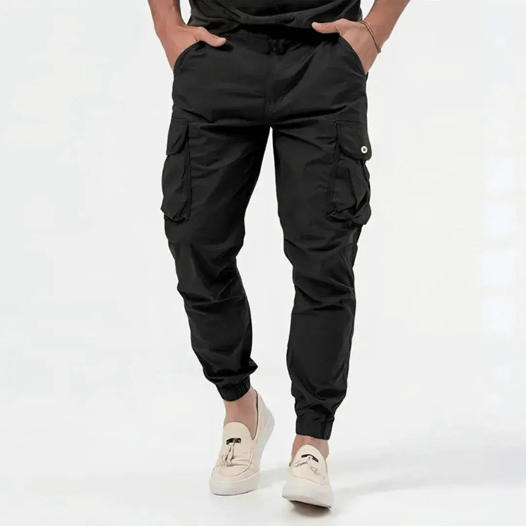 Men's Lightweight Tapered Cargo Joggers with Gathered Cuffs – Black