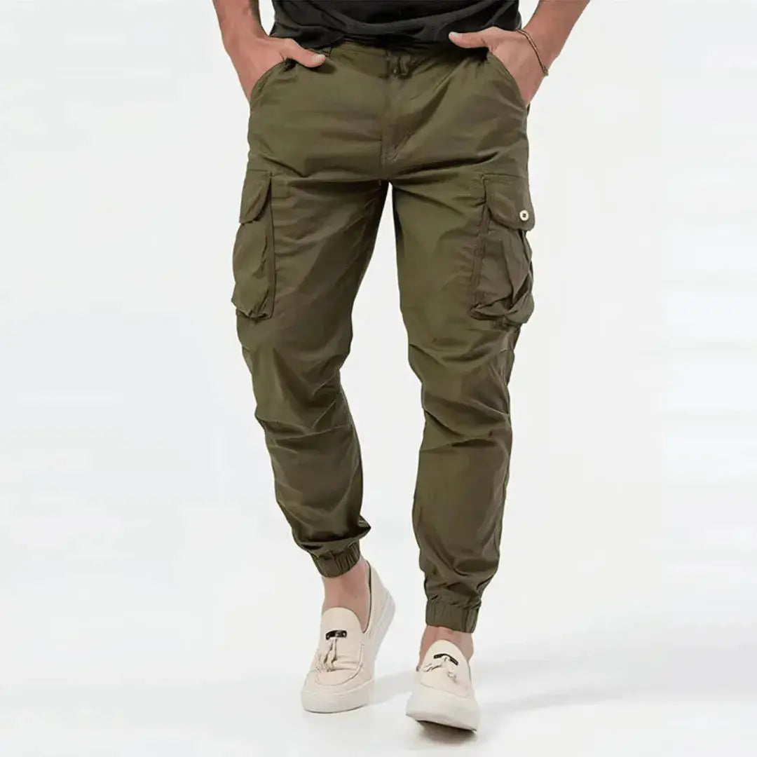 Men's Lightweight Tapered Cargo Joggers with Gathered Cuffs – Olive green