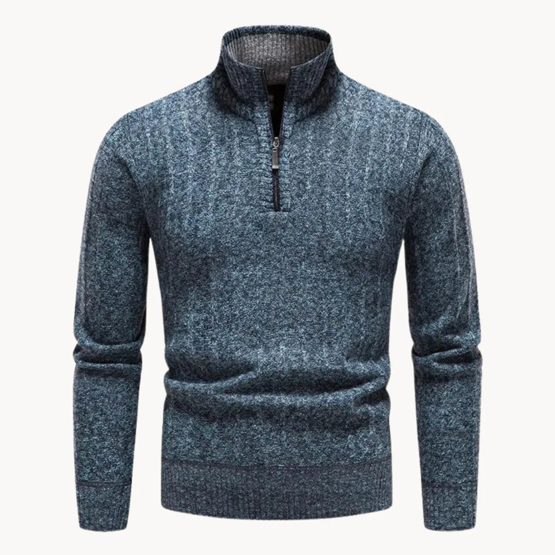 Men's Ribbed Knit Quarter-Zip Jumper with Stand Collar – Blue