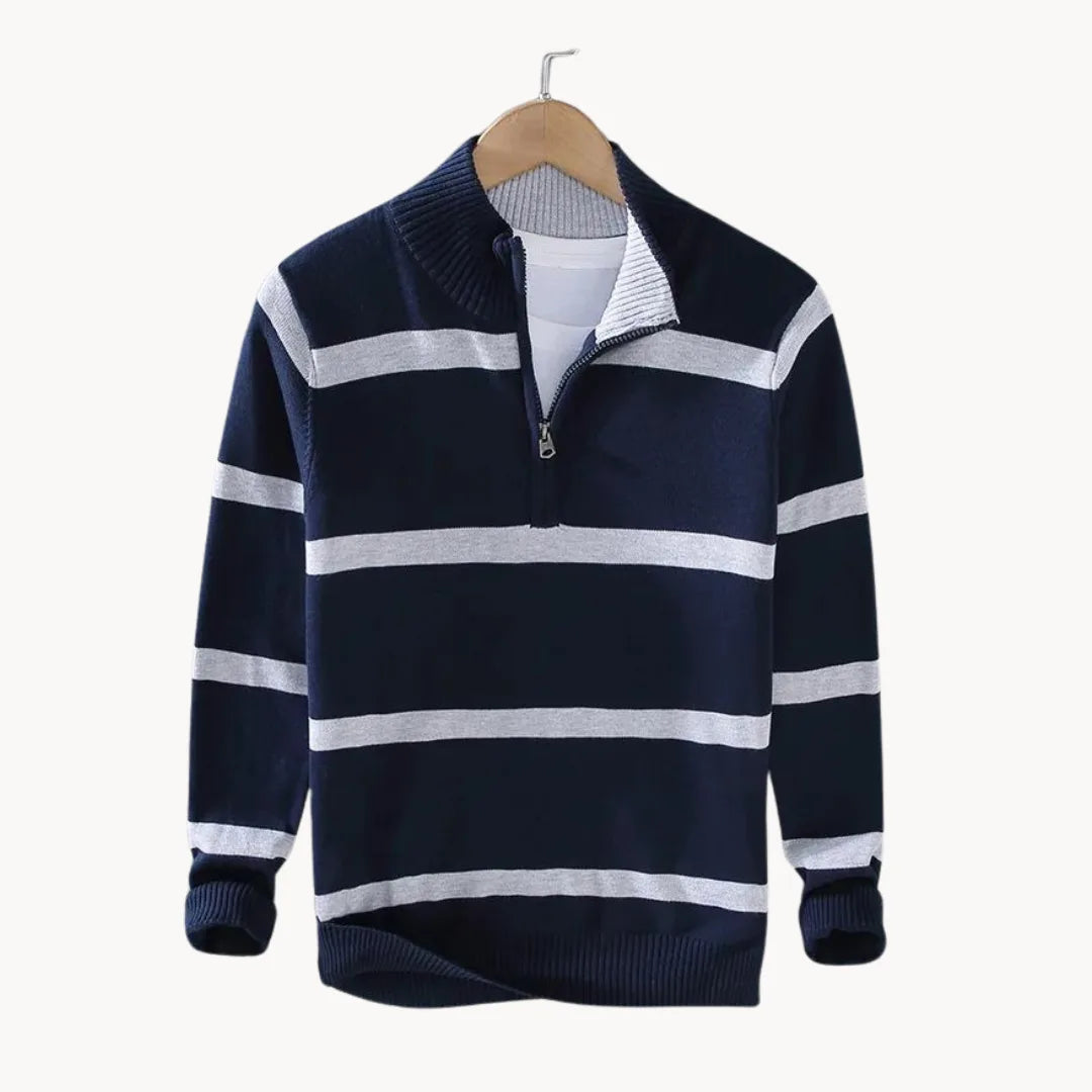Men's Striped Quarter-Zip Jumper with Stand Collar – Navy