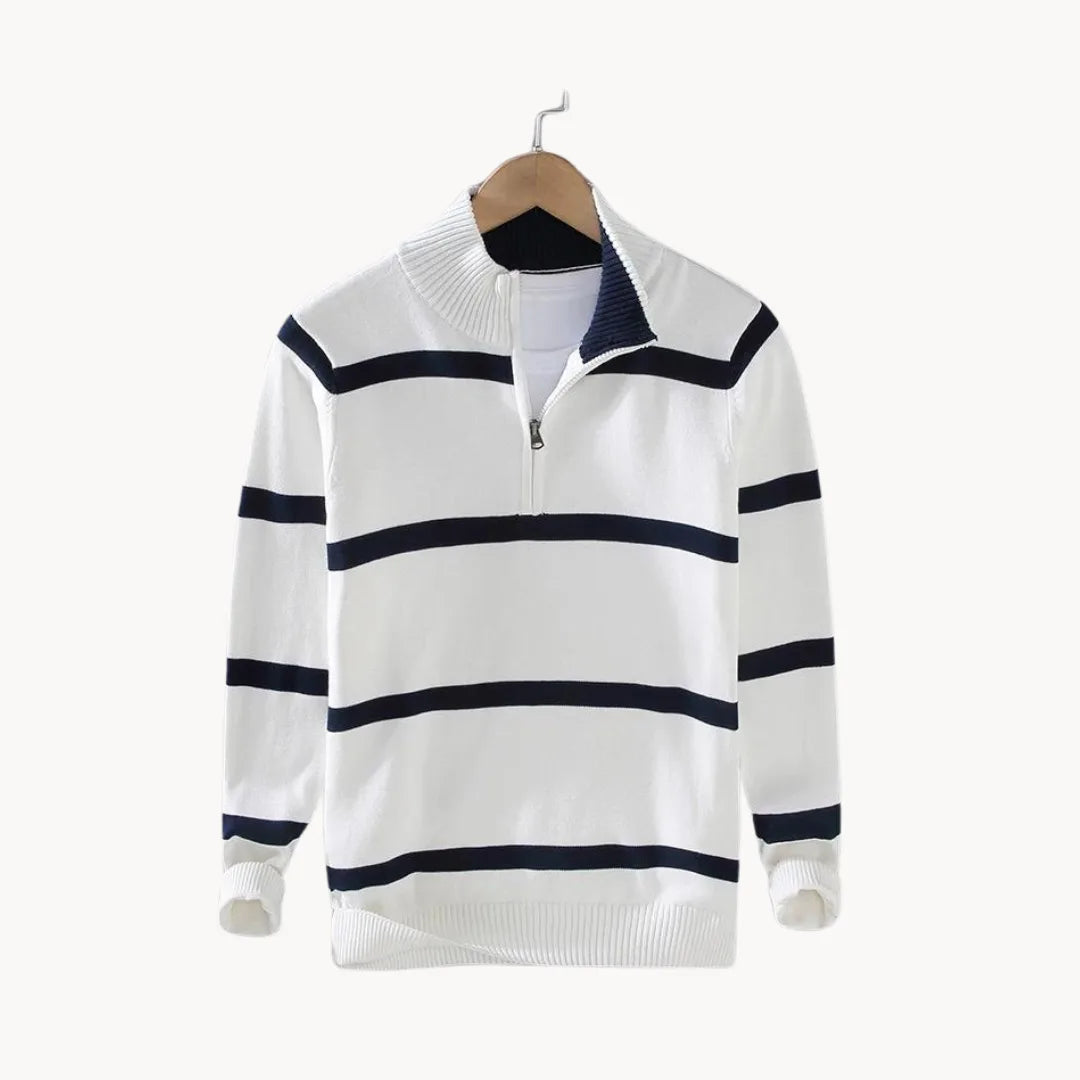 Men's Striped Quarter-Zip Jumper with Stand Collar – Black