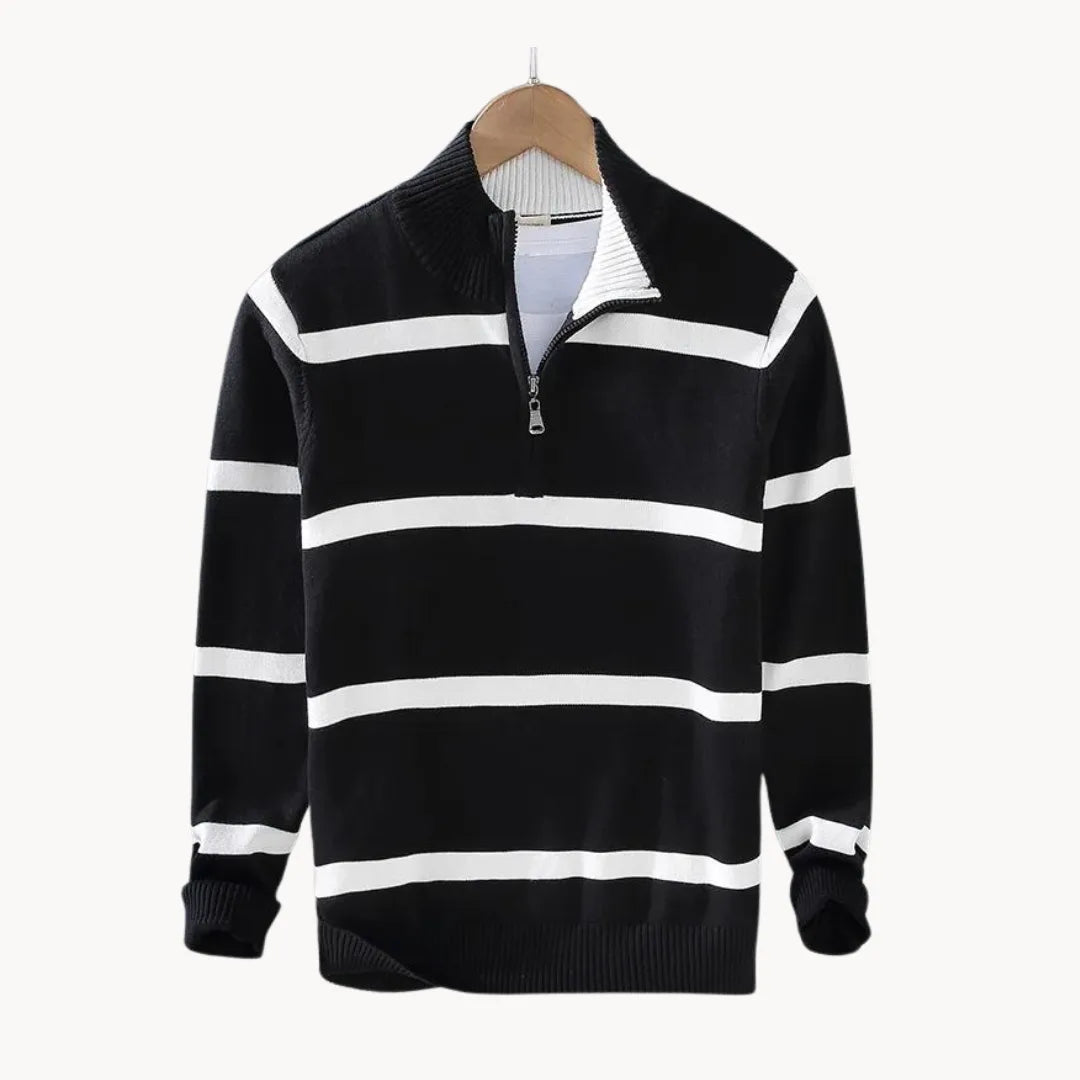 Men's Striped Quarter-Zip Jumper with Stand Collar – White
