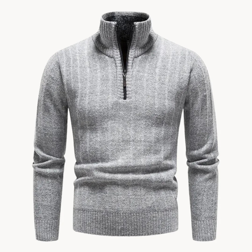 Men's Ribbed Knit Quarter-Zip Jumper with Stand Collar – Light Grey